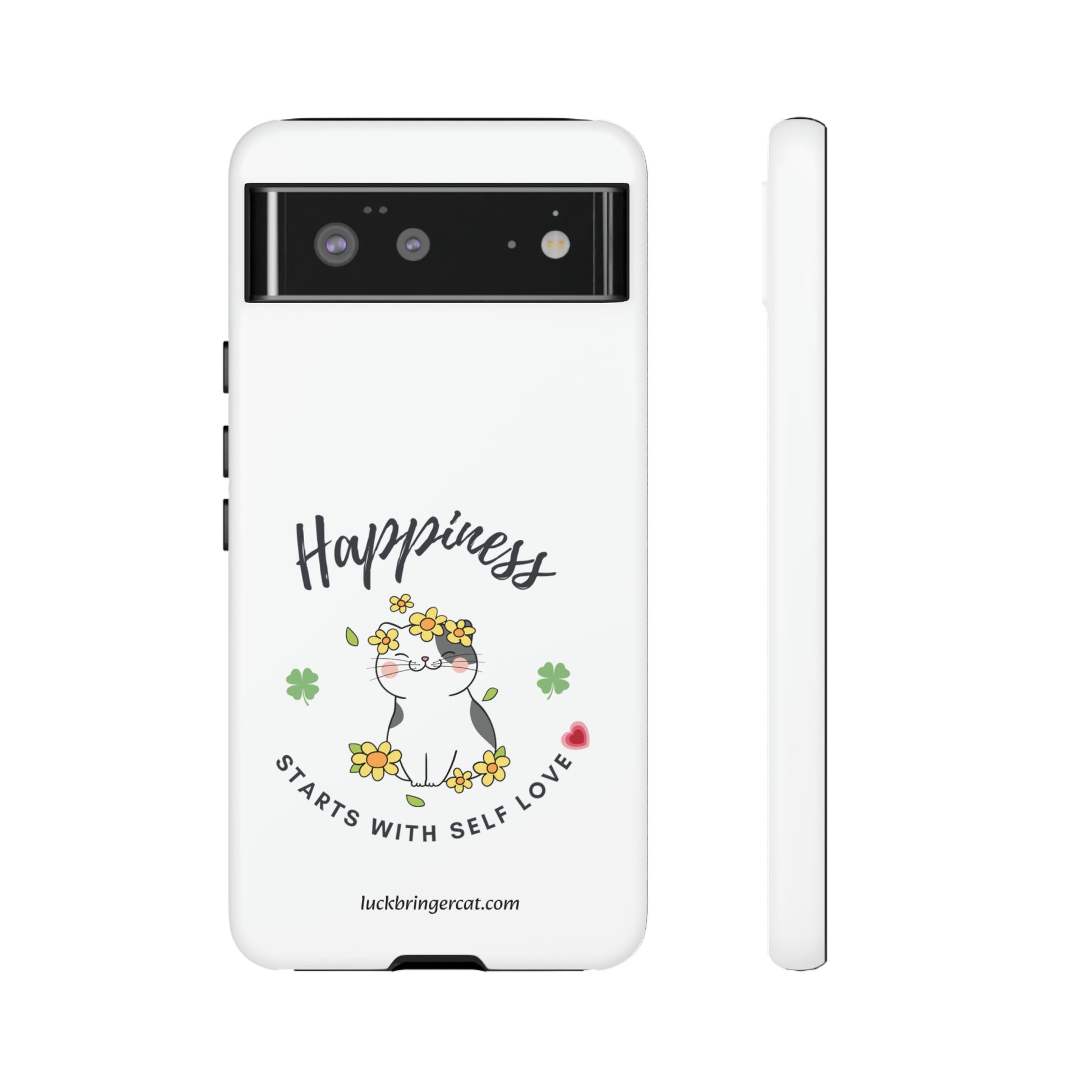 Selflove Happiness Lucky Cat Lover White Phone Case -Cat mom cat mum gift- Google Pixel 7, Google Pixel 6 Pro, Google Pixel 6, Google Pixel 5 5G