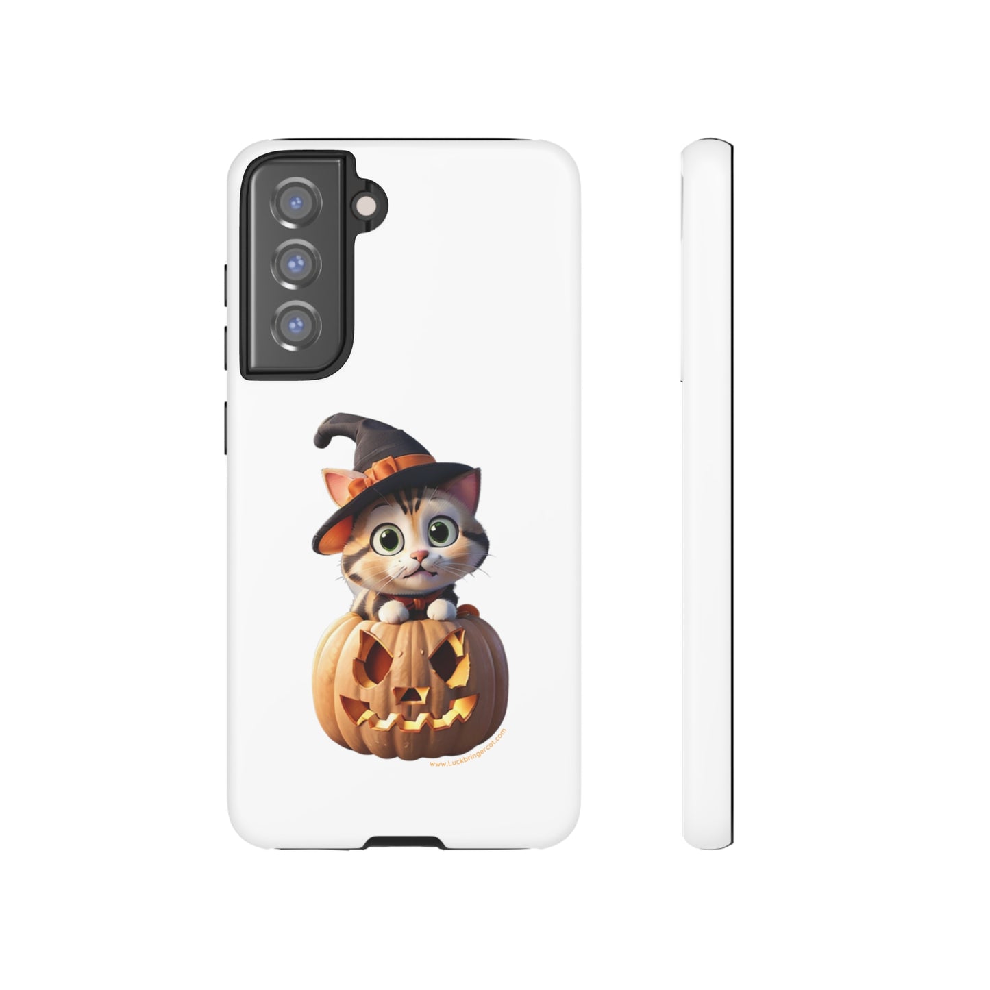 Premium-quality tough protective phone cases for iPhone and Samsung - Halloween Cat - White