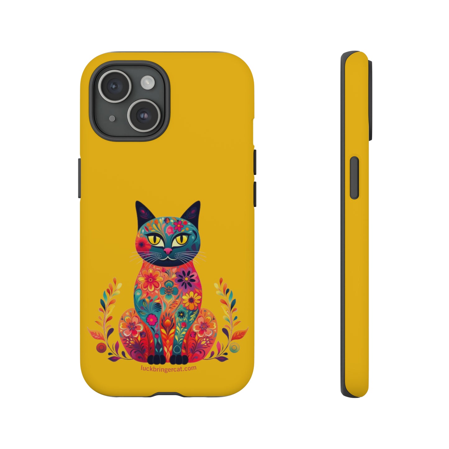 Phone Case for Cat Lovers- iPhone, Samsung Galaxy, Google Pixel- Colorful Floral Cat-Yellow-Graphic