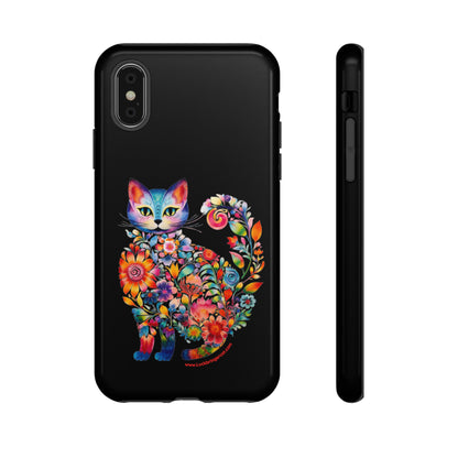 Floral Cat Lovers Phone case- iPhone, Samsung Galaxy, Google Pixel- Black-Tough-Premium Quality