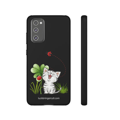 Cute Happy Cat Phone Case- iPhone, Samsung Galaxy, Google Pixel- Black- Lucky Clover Ladybug