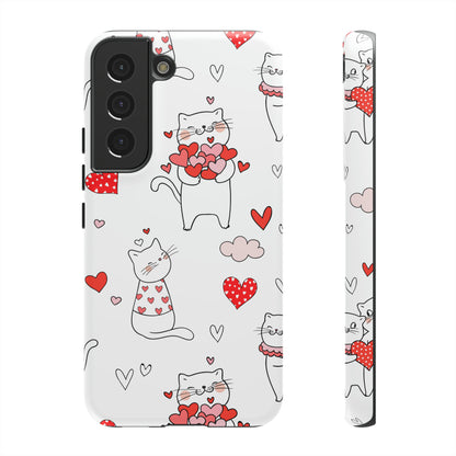 Premium-quality tough protective phone cases for iPhone, Samsung and Google - White With Cute Cartoon Cats and Red Hearts