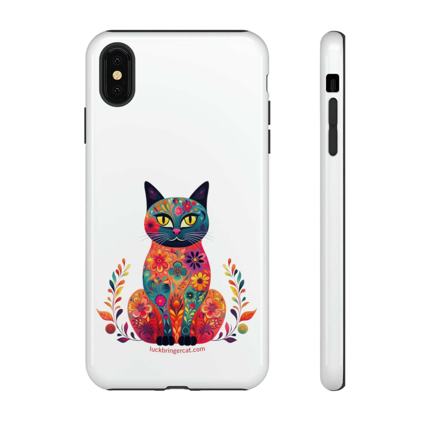 Phone Case for Cat Lovers- iPhone, Samsung Galaxy, Google Pixel- Colorful Floral Cat-White-Graphic