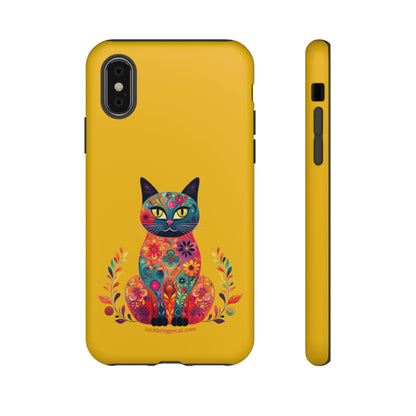 Phone Case for Cat Lovers- iPhone, Samsung Galaxy, Google Pixel- Colorful Floral Cat-Yellow-Graphic