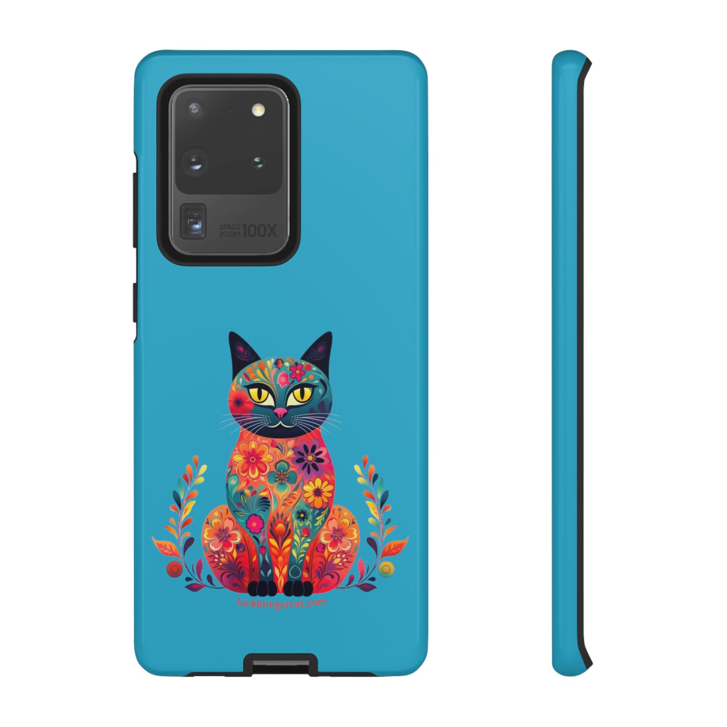 Phone Case for Cat Lovers- iPhone, Samsung Galaxy, Google Pixel- Colorful Floral Cat-Turquoise-Graphic