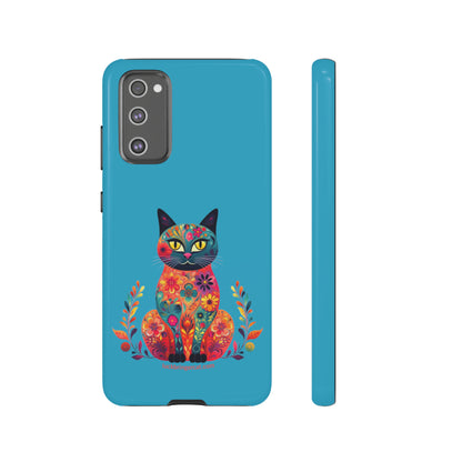 Phone Case for Cat Lovers- iPhone, Samsung Galaxy, Google Pixel- Colorful Floral Cat-Turquoise-Graphic