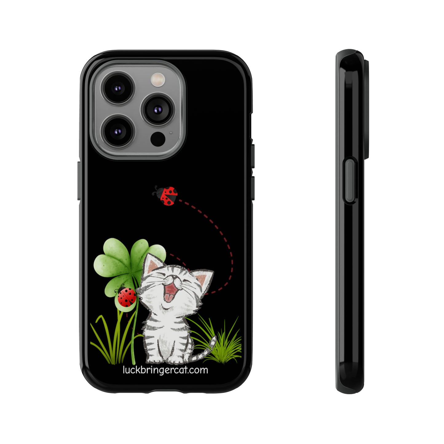 Cute Happy Cat Phone Case- iPhone, Samsung Galaxy, Google Pixel- Black- Lucky Clover Ladybug