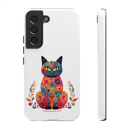 Phone Case for Cat Lovers- iPhone, Samsung Galaxy, Google Pixel- Colorful Floral Cat-White-Graphic