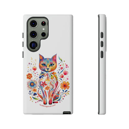 Phone Case for Cat and Flower Lovers- iPhone, Samsung Galaxy, Google Pixel- Colorful Floral Cat-White