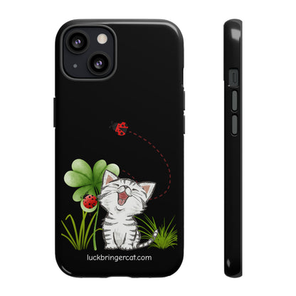 Cute Happy Cat Phone Case- iPhone, Samsung Galaxy, Google Pixel- Black- Lucky Clover Ladybug