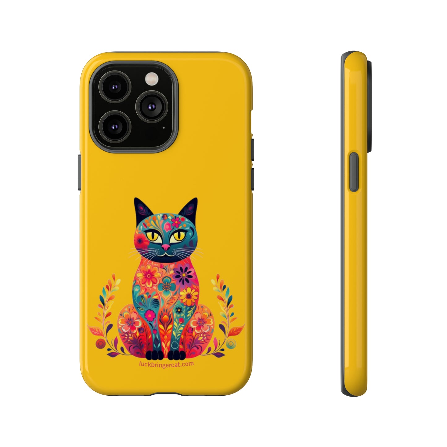 Phone Case for Cat Lovers- iPhone, Samsung Galaxy, Google Pixel- Colorful Floral Cat-Yellow-Graphic