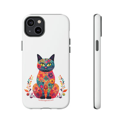 Phone Case for Cat Lovers- iPhone, Samsung Galaxy, Google Pixel- Colorful Floral Cat-White-Graphic