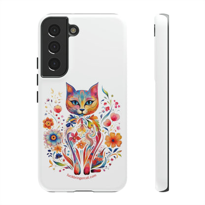 Phone Case for Cat and Flower Lovers- iPhone, Samsung Galaxy, Google Pixel- Colorful Floral Cat-White