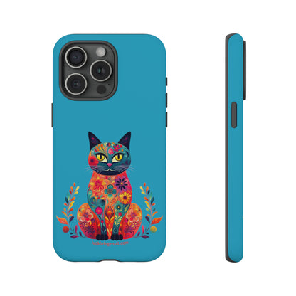 Phone Case for Cat Lovers- iPhone, Samsung Galaxy, Google Pixel- Colorful Floral Cat-Turquoise-Graphic