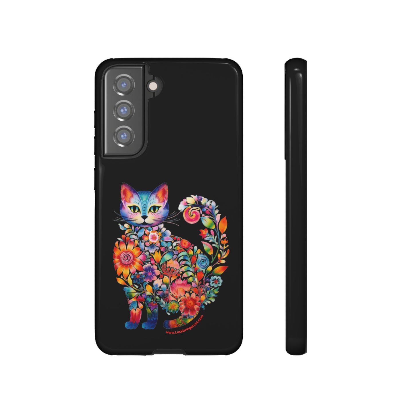 Floral Cat Lovers Phone case- iPhone, Samsung Galaxy, Google Pixel- Black-Tough-Premium Quality