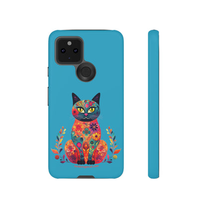 Phone Case for Cat Lovers- iPhone, Samsung Galaxy, Google Pixel- Colorful Floral Cat-Turquoise-Graphic