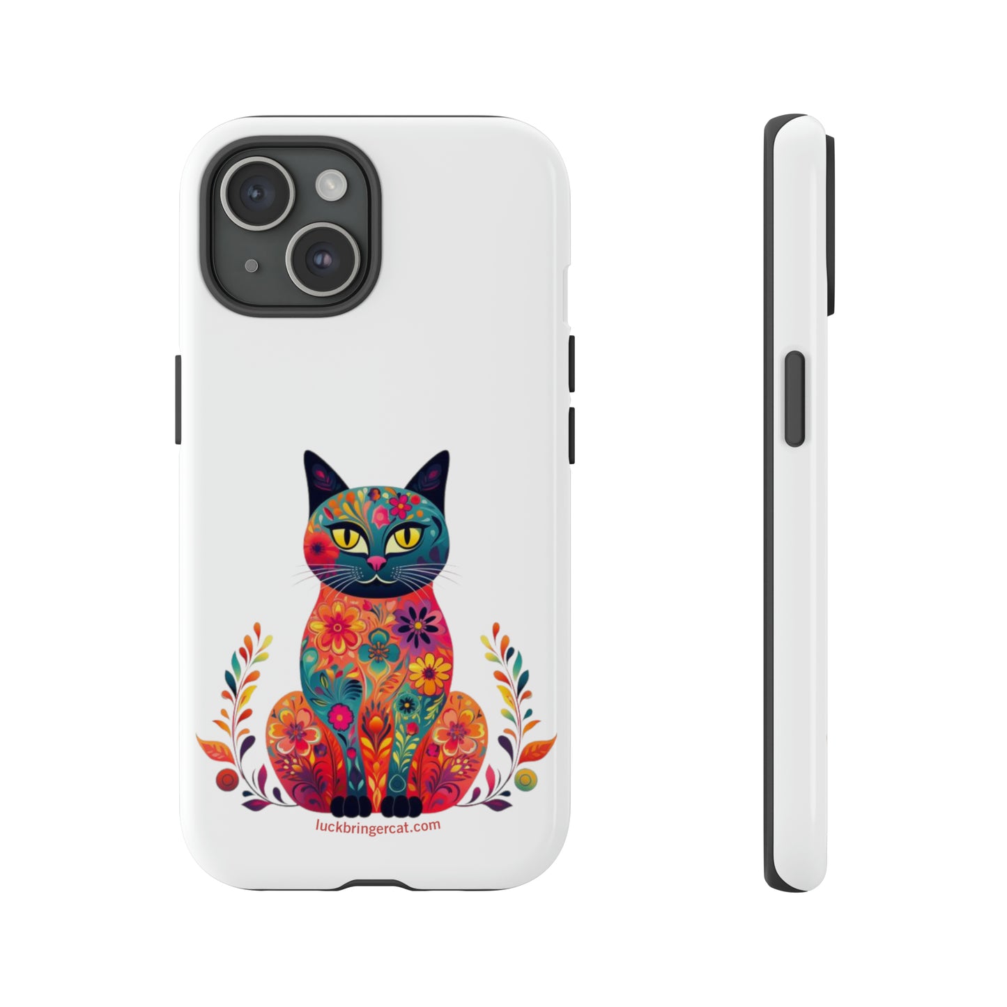 Phone Case for Cat Lovers- iPhone, Samsung Galaxy, Google Pixel- Colorful Floral Cat-White-Graphic