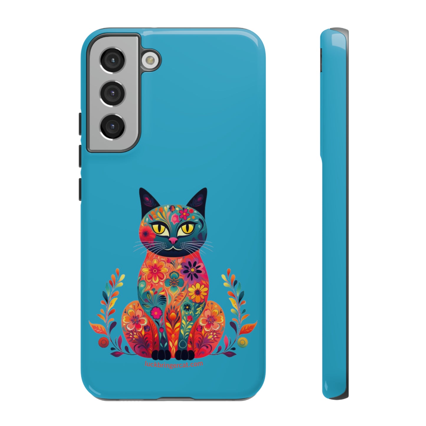 Phone Case for Cat Lovers- iPhone, Samsung Galaxy, Google Pixel- Colorful Floral Cat-Turquoise-Graphic