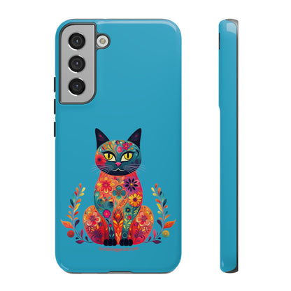 Phone Case for Cat Lovers- iPhone, Samsung Galaxy, Google Pixel- Colorful Floral Cat-Turquoise-Graphic