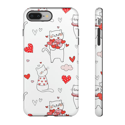 Premium-quality tough protective phone cases for iPhone, Samsung and Google - White With Cute Cartoon Cats and Red Hearts