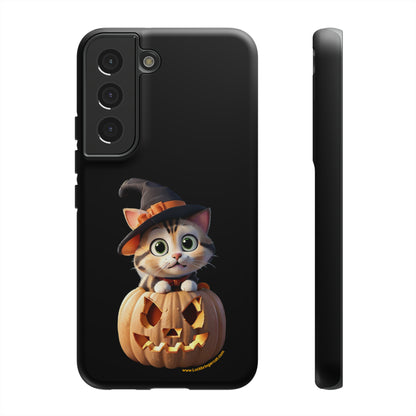 Premium-quality tough protective phone cases for iPhone and Samsung - Halloween Pumpkin Cat - Black