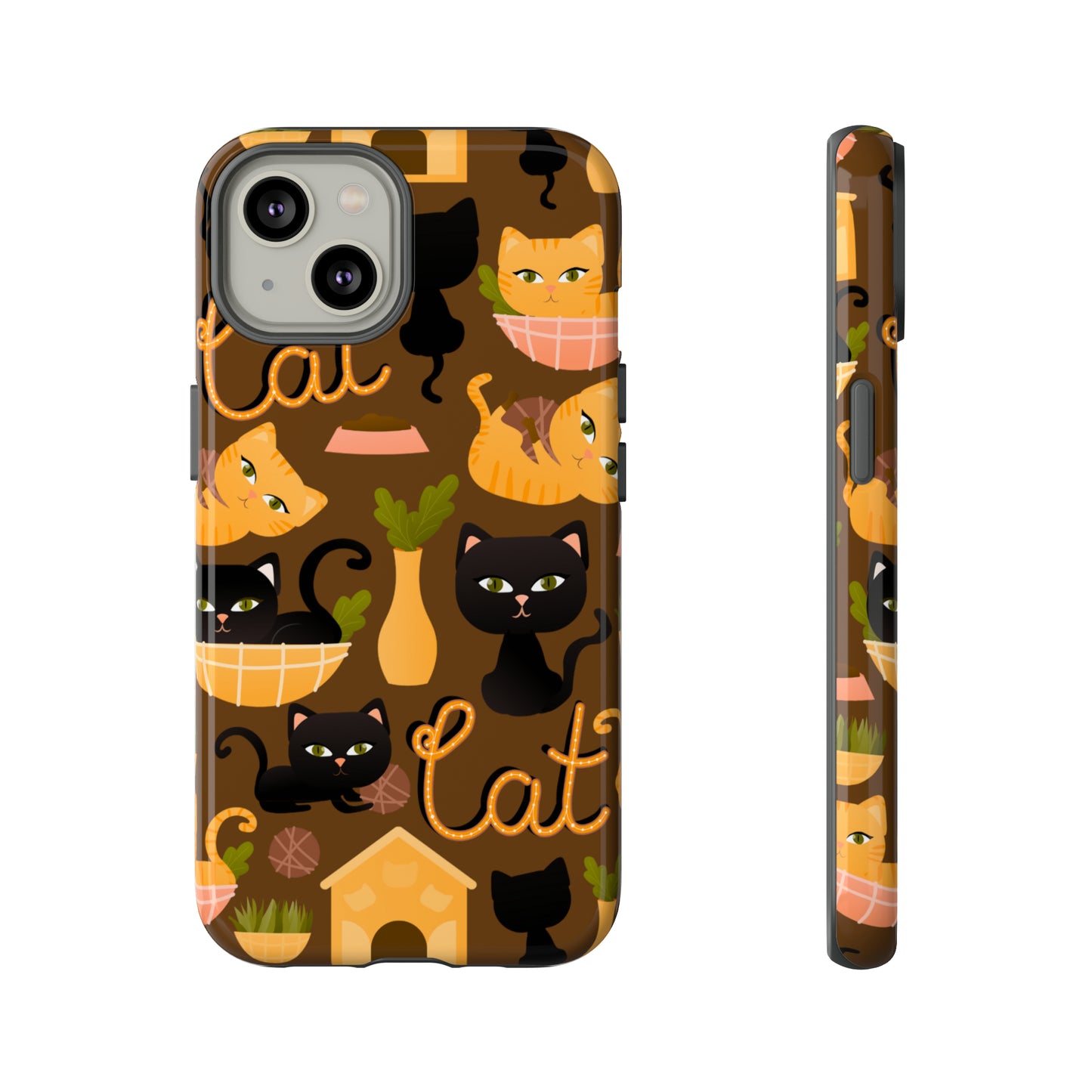 Premium-quality tough protective phone cases for iPhone, Samsung and Google - Brown With Cute Black and Orange Cats