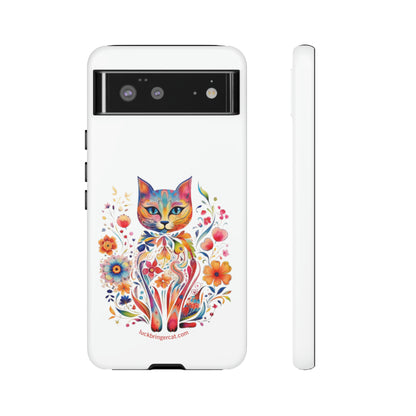 Phone Case for Cat and Flower Lovers- iPhone, Samsung Galaxy, Google Pixel- Colorful Floral Cat-White