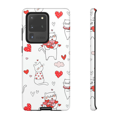 Premium-quality tough protective phone cases for iPhone, Samsung and Google - White With Cute Cartoon Cats and Red Hearts