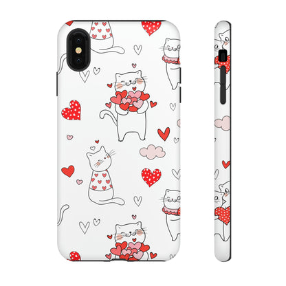 Premium-quality tough protective phone cases for iPhone, Samsung and Google - White With Cute Cartoon Cats and Red Hearts