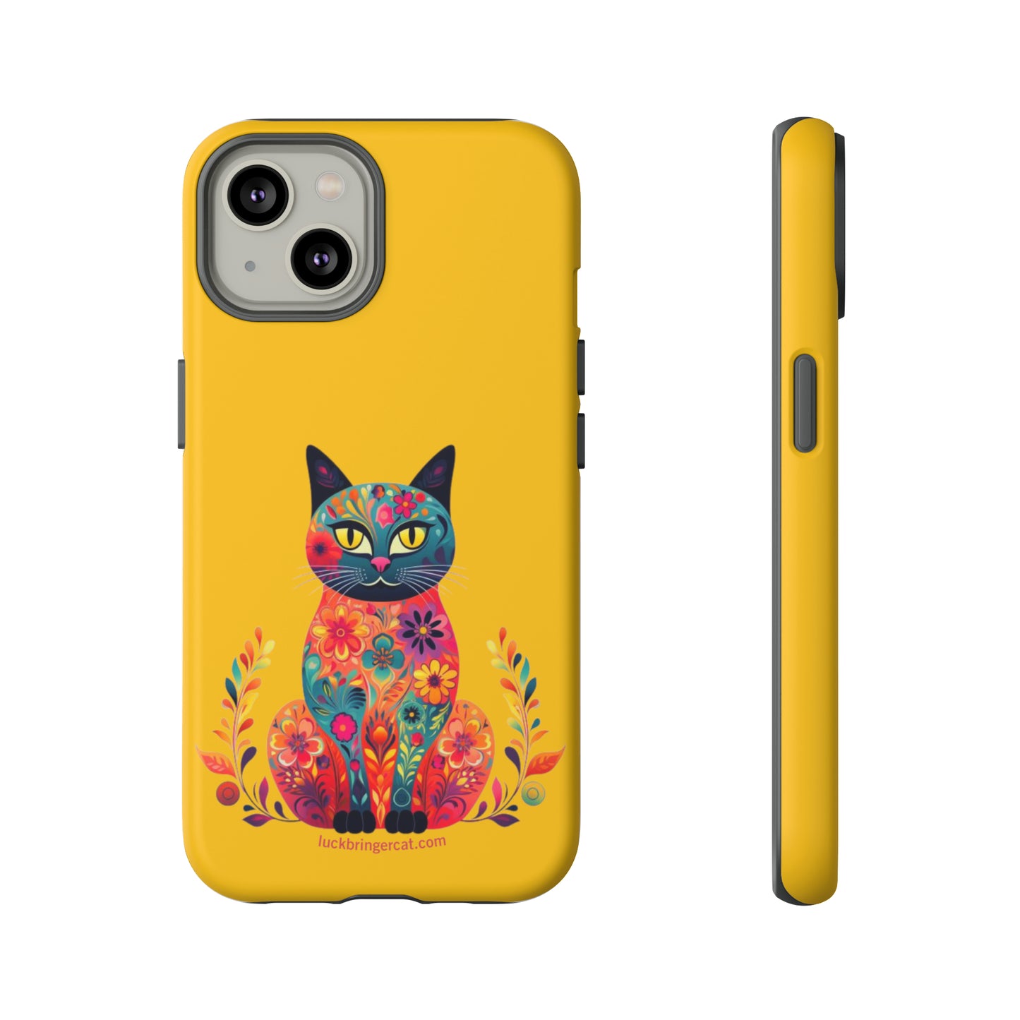 Phone Case for Cat Lovers- iPhone, Samsung Galaxy, Google Pixel- Colorful Floral Cat-Yellow-Graphic