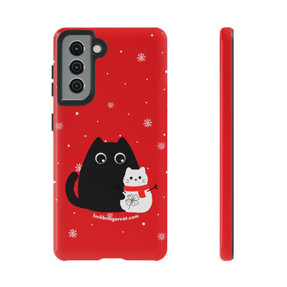 Red Phone Case with Cute Black cat and snowman - Christmas gift for cat lovers - Samsung Galaxy S23, Samsung Galaxy S23 Plus, Samsung Galaxy S23 Ultra, Samsung Galaxy S22, Samsung Galaxy S22 Plus, Samsung Galaxy S22 Ultra, Samsung Galaxy S21, Samsung Galaxy S21 FE, Samsung Galaxy S21 Plus, Samsung Galaxy S21 Ultra, Samsung Galaxy S20, Samsung Galaxy S20 FE, Samsung Galaxy S20 Plus, Samsung Galaxy S20 Ultra, Samsung GalaxyS10, Samsung Galaxy S10E, Samsung Galaxy S10 Plus - Christmassy 