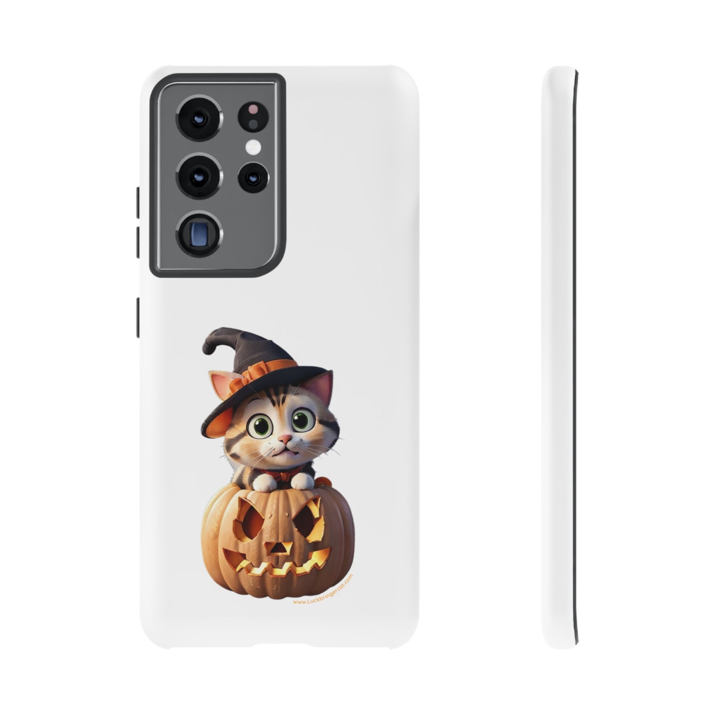 Premium-quality tough protective phone cases for iPhone and Samsung - Halloween Cat - White