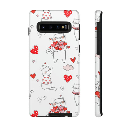 Premium-quality tough protective phone cases for iPhone, Samsung and Google - White With Cute Cartoon Cats and Red Hearts