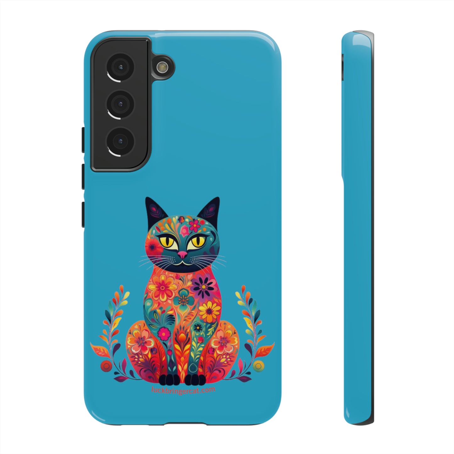 Phone Case for Cat Lovers- iPhone, Samsung Galaxy, Google Pixel- Colorful Floral Cat-Turquoise-Graphic