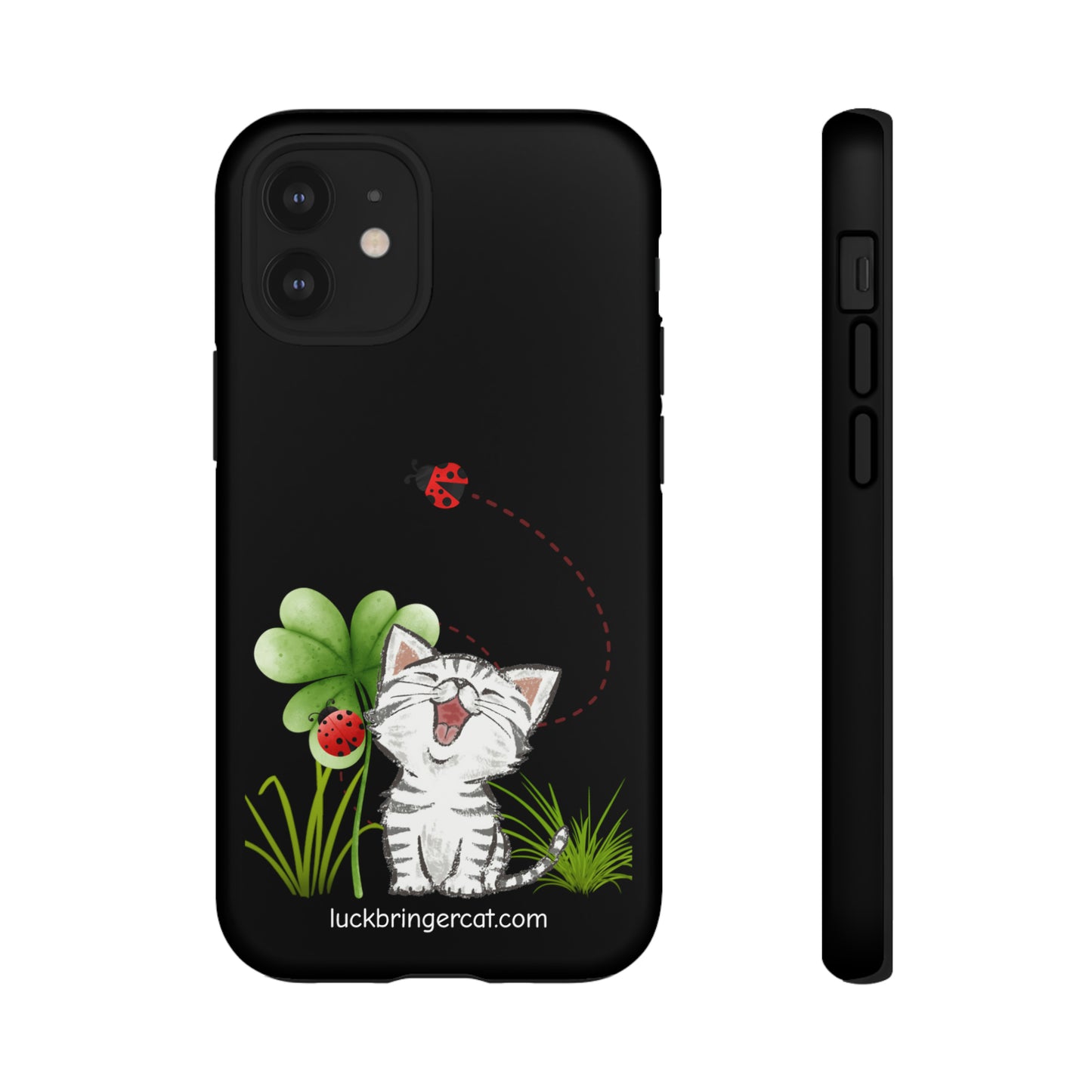 Cute Happy Cat Phone Case- iPhone, Samsung Galaxy, Google Pixel- Black- Lucky Clover Ladybug