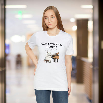 Unisex Cotton T-shirt - Catastrophic Pianist Shirt for Cat Lovers and Piano Players