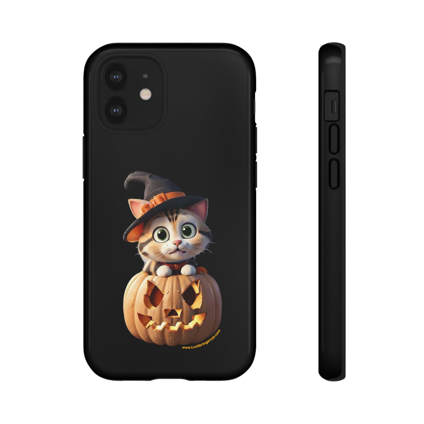 Premium-quality tough protective phone cases for iPhone and Samsung - Halloween Pumpkin Cat - Black