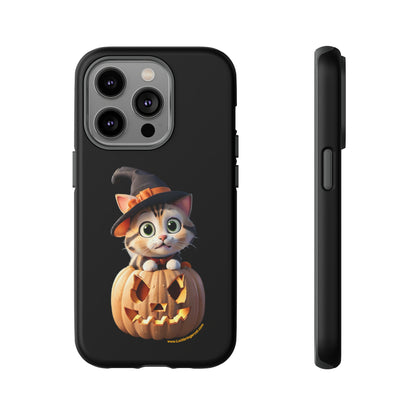 Premium-quality tough protective phone cases for iPhone and Samsung - Halloween Pumpkin Cat - Black