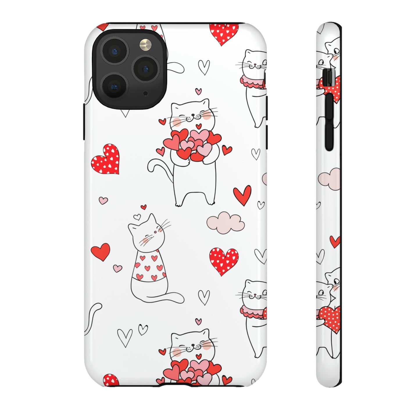 Premium-quality tough protective phone cases for iPhone, Samsung and Google - White With Cute Cartoon Cats and Red Hearts