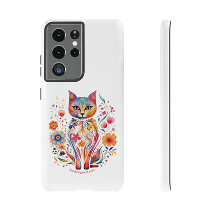 Phone Case for Cat and Flower Lovers- iPhone, Samsung Galaxy, Google Pixel- Colorful Floral Cat-White