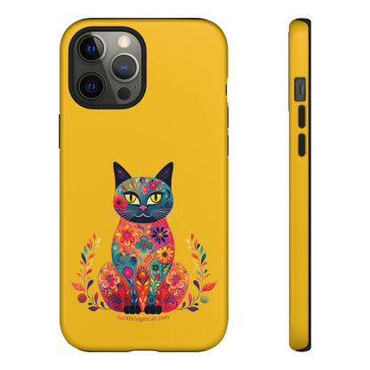 Phone Case for Cat Lovers- iPhone, Samsung Galaxy, Google Pixel- Colorful Floral Cat-Yellow-Graphic