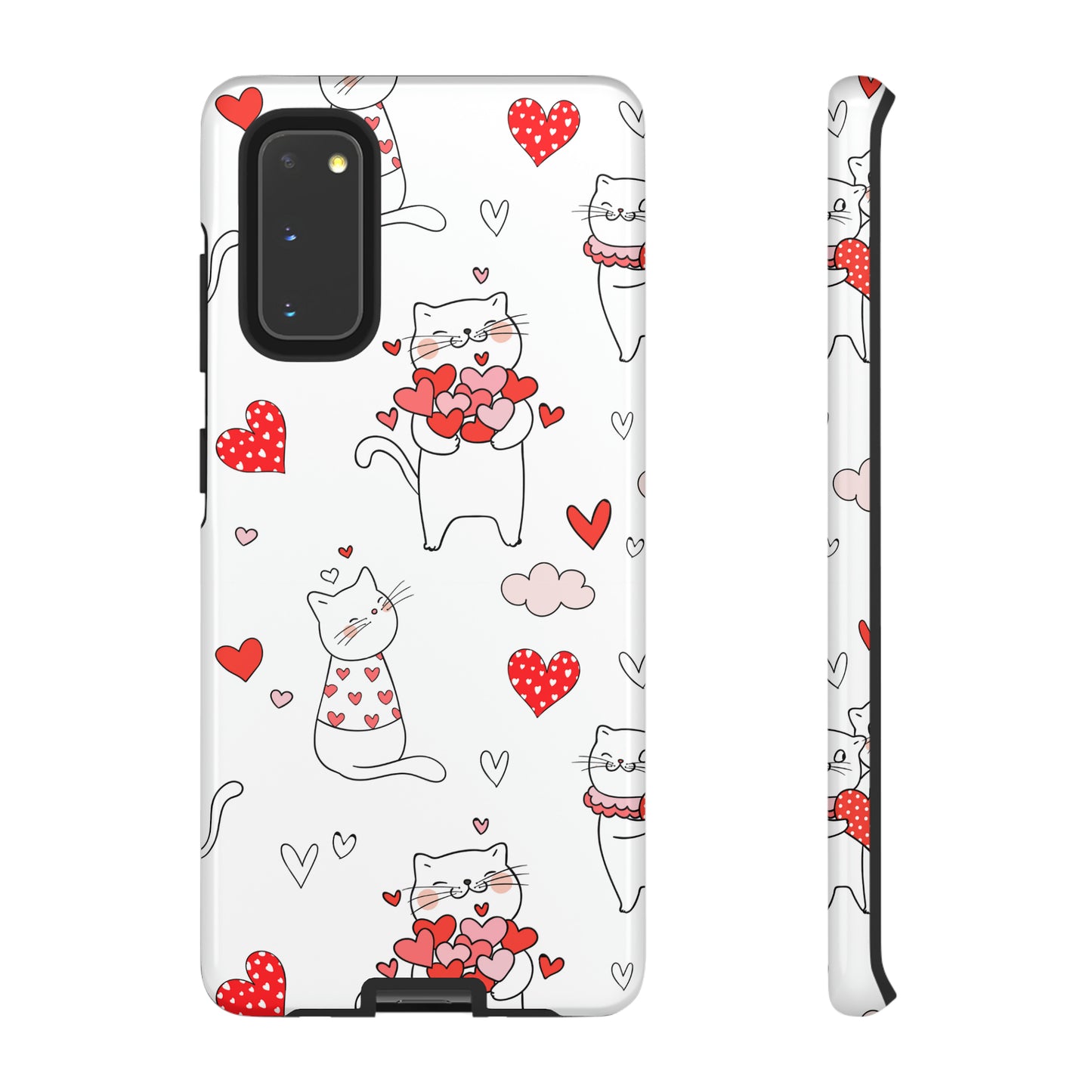 Premium-quality tough protective phone cases for iPhone, Samsung and Google - White With Cute Cartoon Cats and Red Hearts