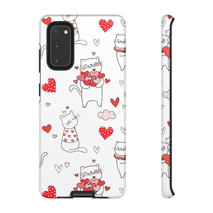 Premium-quality tough protective phone cases for iPhone, Samsung and Google - White With Cute Cartoon Cats and Red Hearts