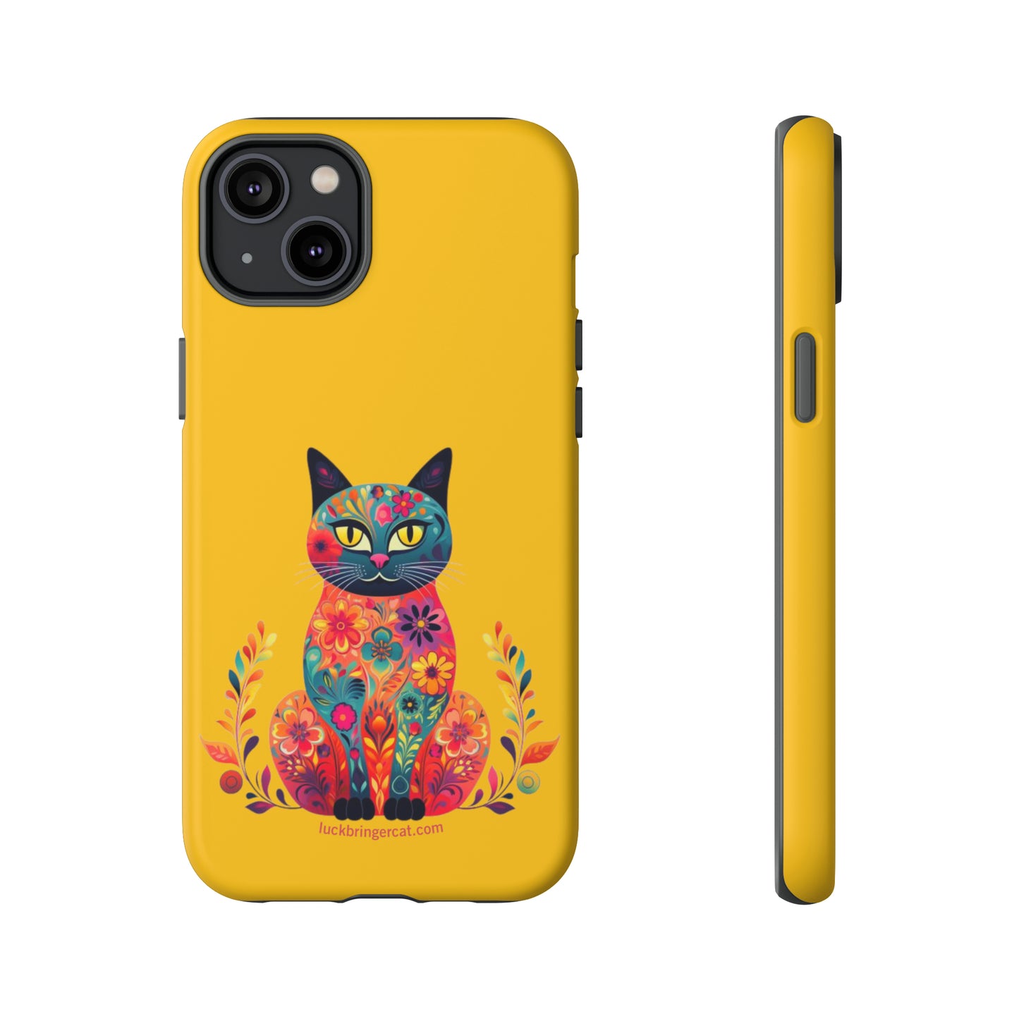 Phone Case for Cat Lovers- iPhone, Samsung Galaxy, Google Pixel- Colorful Floral Cat-Yellow-Graphic