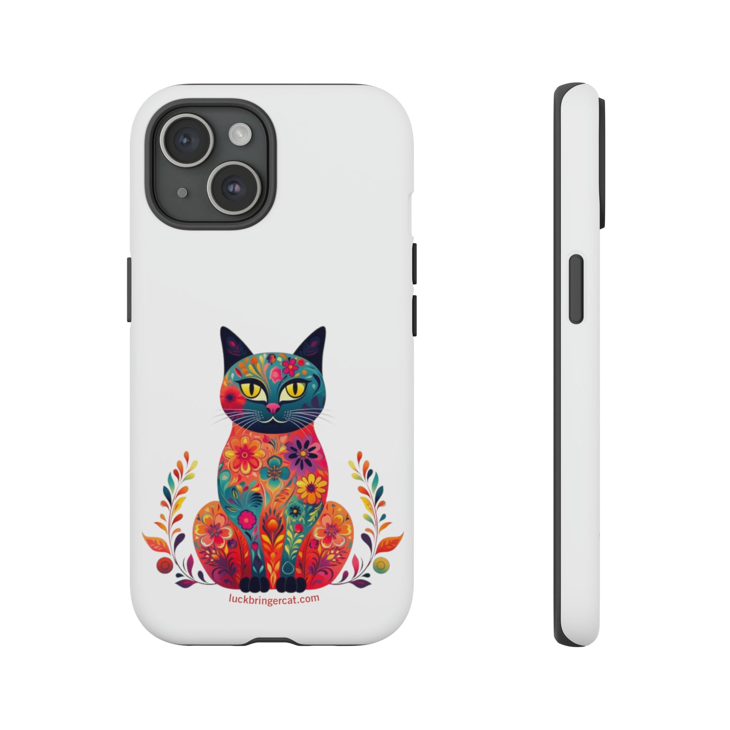 Phone Case for Cat Lovers- iPhone, Samsung Galaxy, Google Pixel- Colorful Floral Cat-White-Graphic