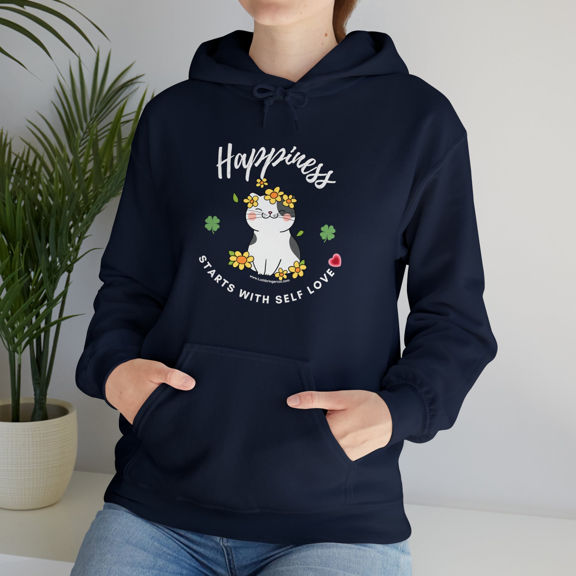 Cat Lovers Selflove Hooded Sweatshirt with Happy Cute Cat- Lucky Clover- Ideal gift for cat lover girls, cat moms (mums)- Happiness starts with self love hoodie-navy