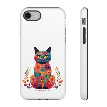 Phone Case for Cat Lovers- iPhone, Samsung Galaxy, Google Pixel- Colorful Floral Cat-White-Graphic