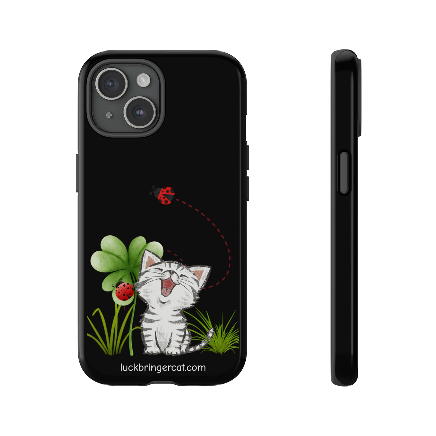 Cute Happy Cat Phone Case- iPhone, Samsung Galaxy, Google Pixel- Black- Lucky Clover Ladybug