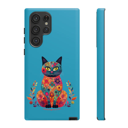 Phone Case for Cat Lovers- iPhone, Samsung Galaxy, Google Pixel- Colorful Floral Cat-Turquoise-Graphic