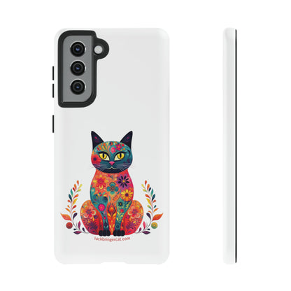 Phone Case for Cat Lovers- iPhone, Samsung Galaxy, Google Pixel- Colorful Floral Cat-White-Graphic